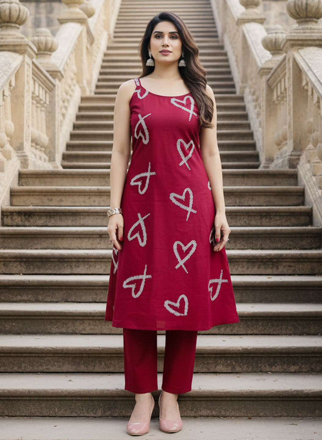 Red Cotton Flex Kurta Pant Set with Embroidery & Mirror Work