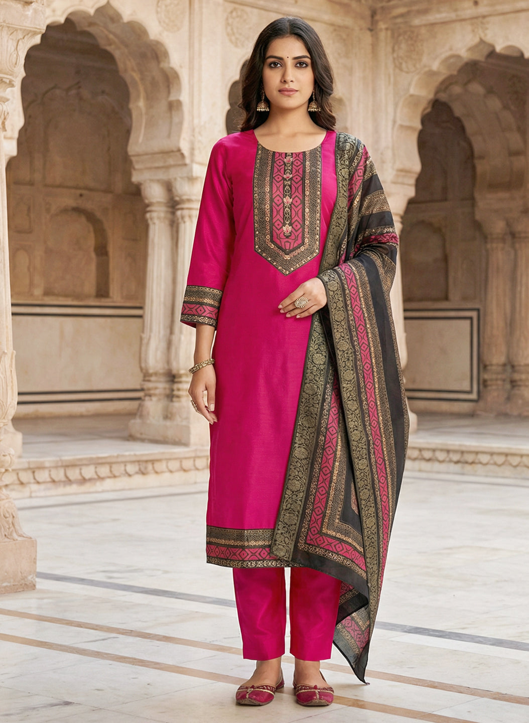 Raani Color Gadwal Silk Kurta Pant Set with Handwork Yoke & Digital Jacquard Dupatta