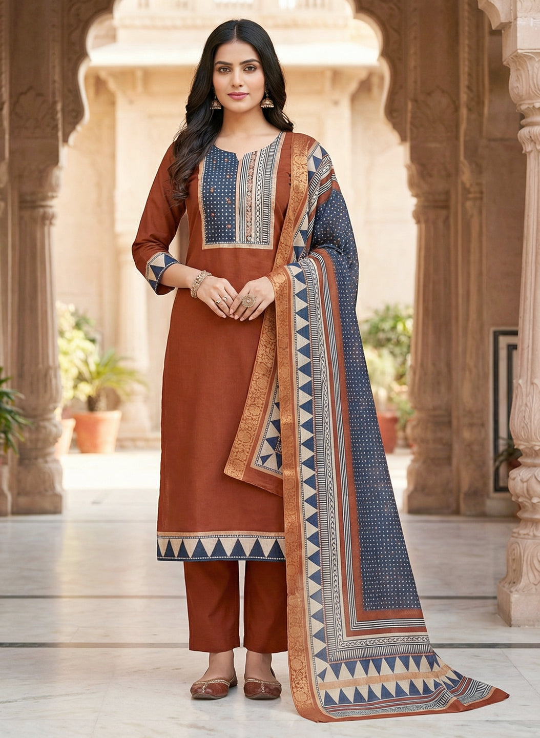 Rust Color Gadwal Silk Kurta Pant Set with Handwork Yoke & Digital Jacquard DupattaColor Gadwal Silk Kurta Pant Set with Handwork Yoke & Digital Jacquard Dupatta