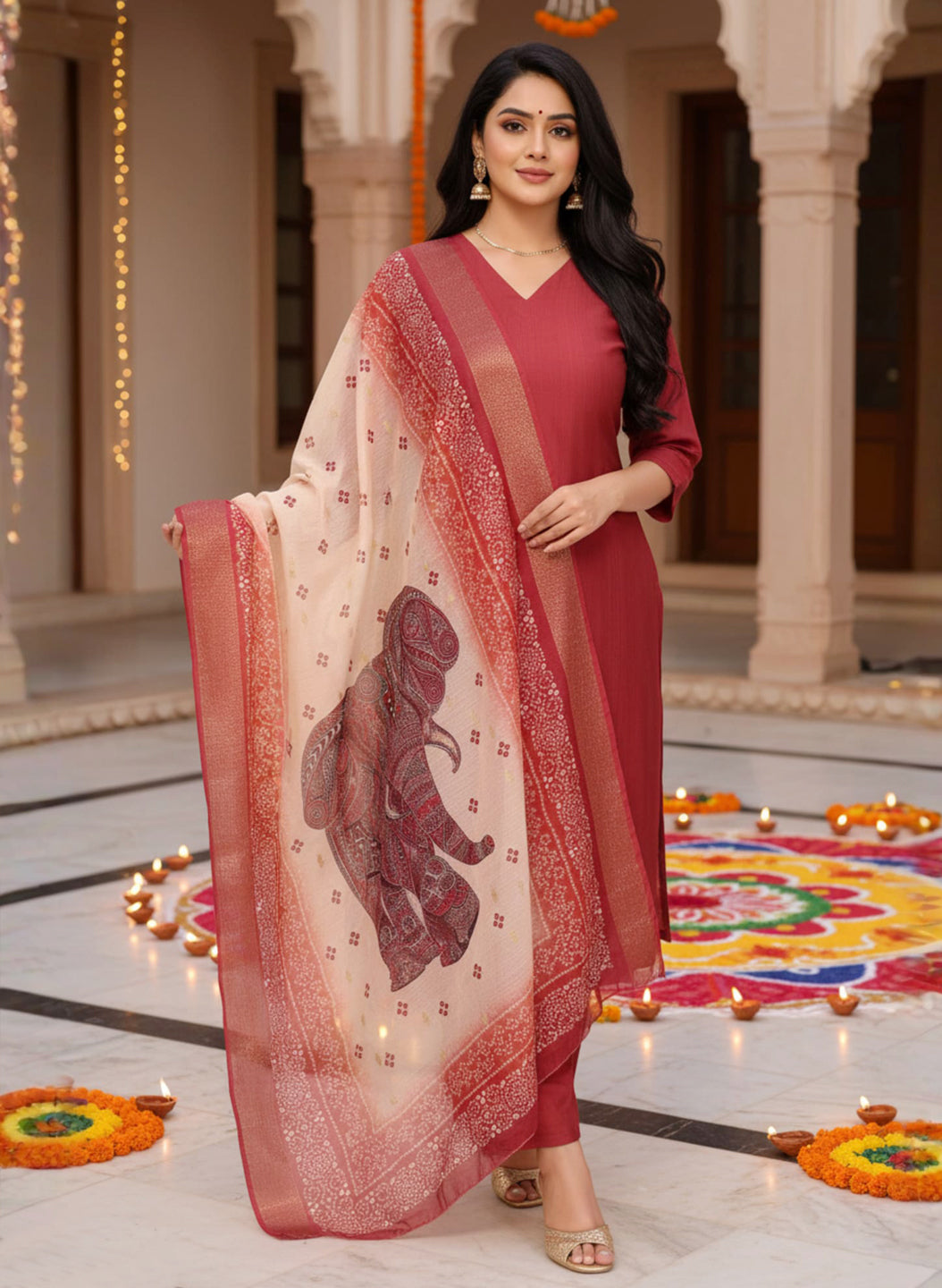 Gajri Color Vertical Silk Kurta Pant Set with Digital Chanderi Jacquard Dupatta