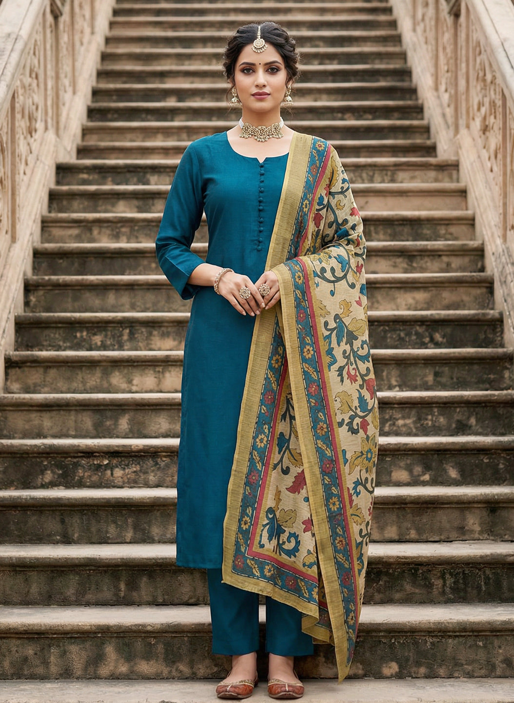 Roman Silk Royal Blue Kurta Pant Set with Digital Print Dupatta