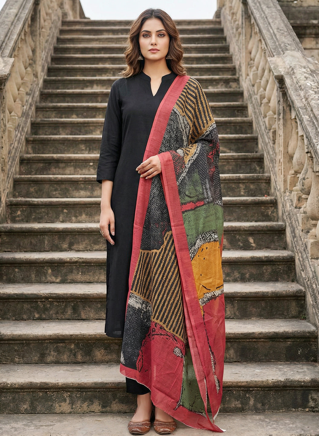 Roman Silk Black Kurta Pant Set with Digital Print Dupatta