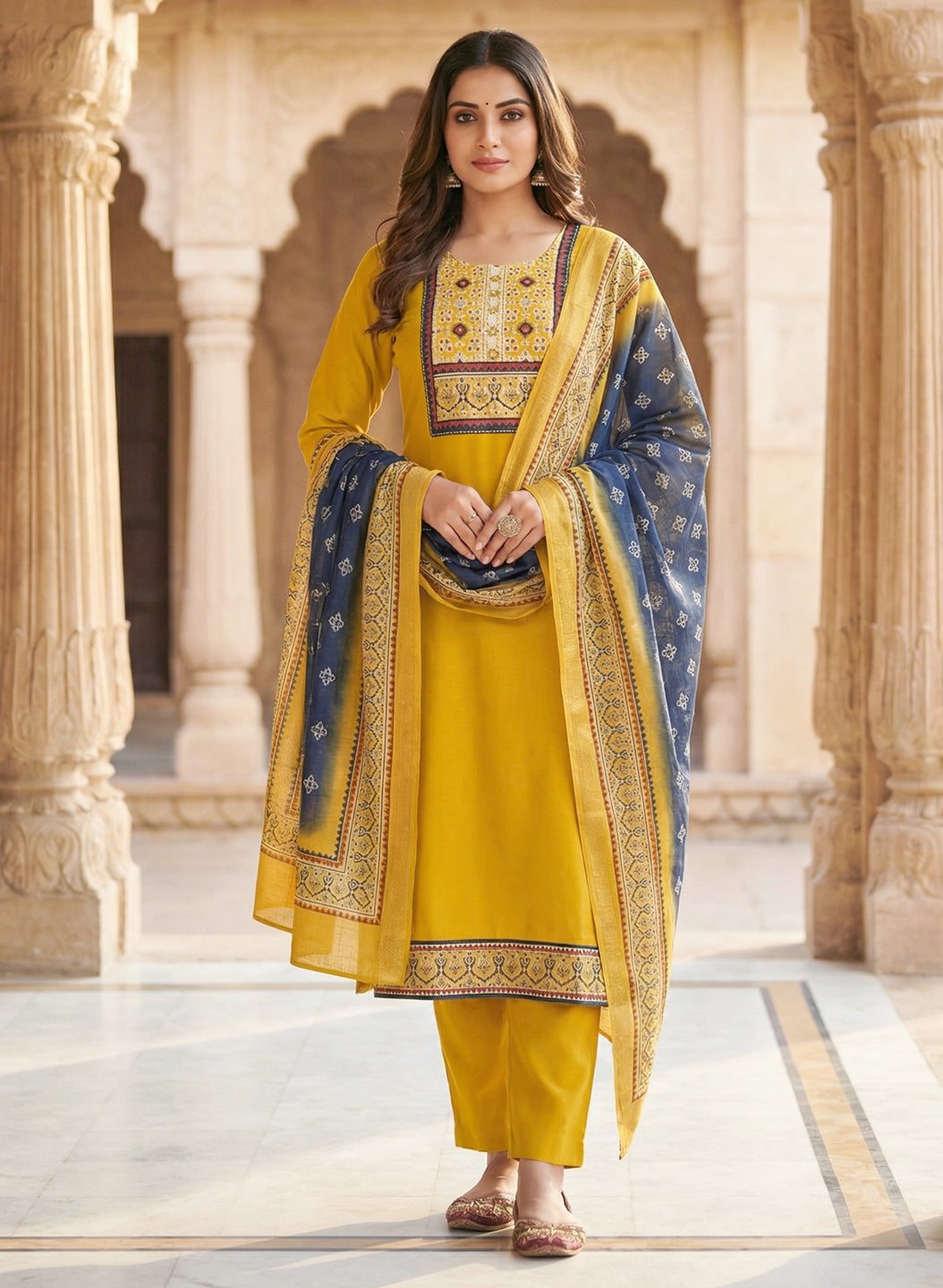 Yellow Color Gadwal Silk Kurta Pant Set with Handwork Yoke & Digital Jacquard Dupatta