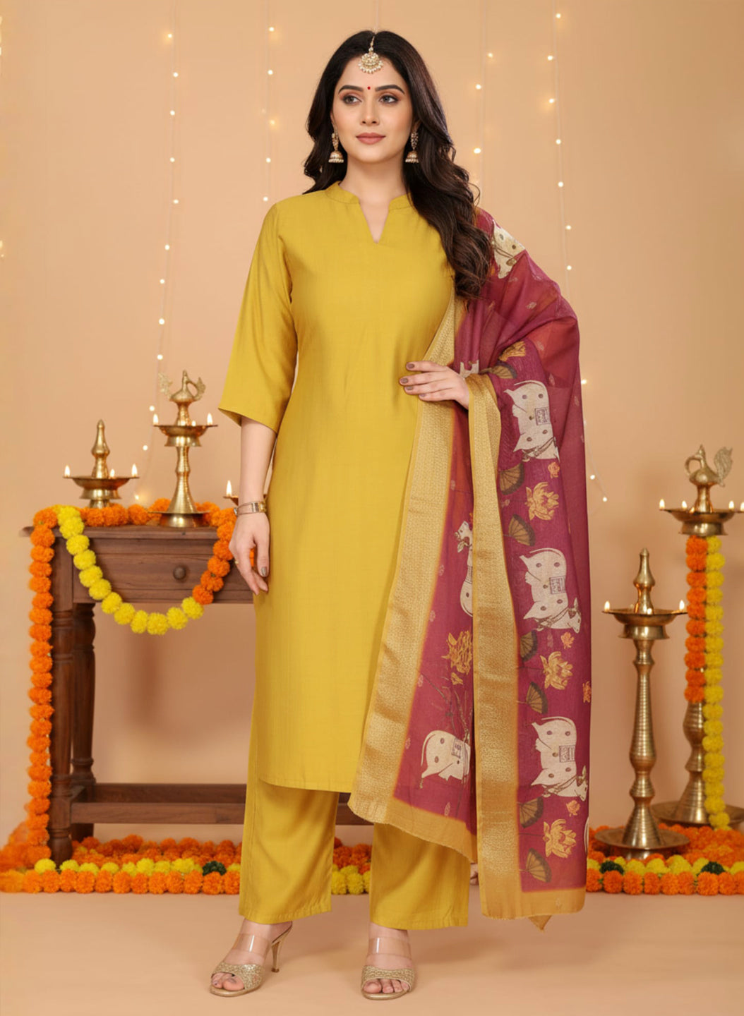Yellow Color Vertical Silk Kurta Pant Set with Digital Chanderi Jacquard Dupatta