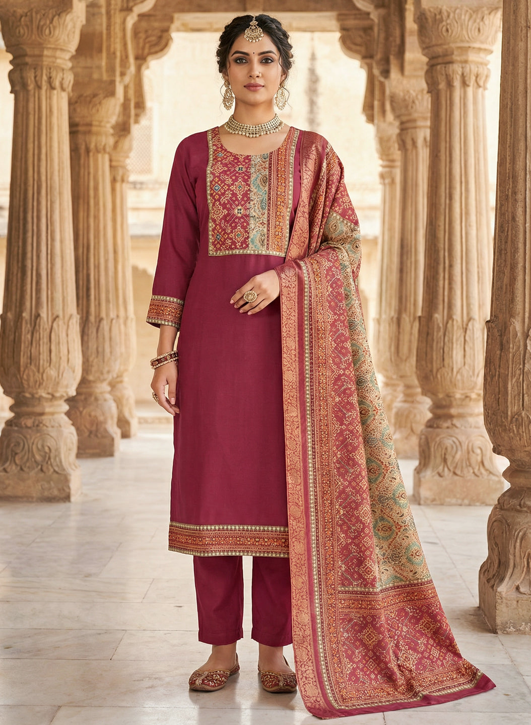 Gajri Color Gadwal Silk Kurta Pant Set with Handwork Yoke & Digital Jacquard Dupatta