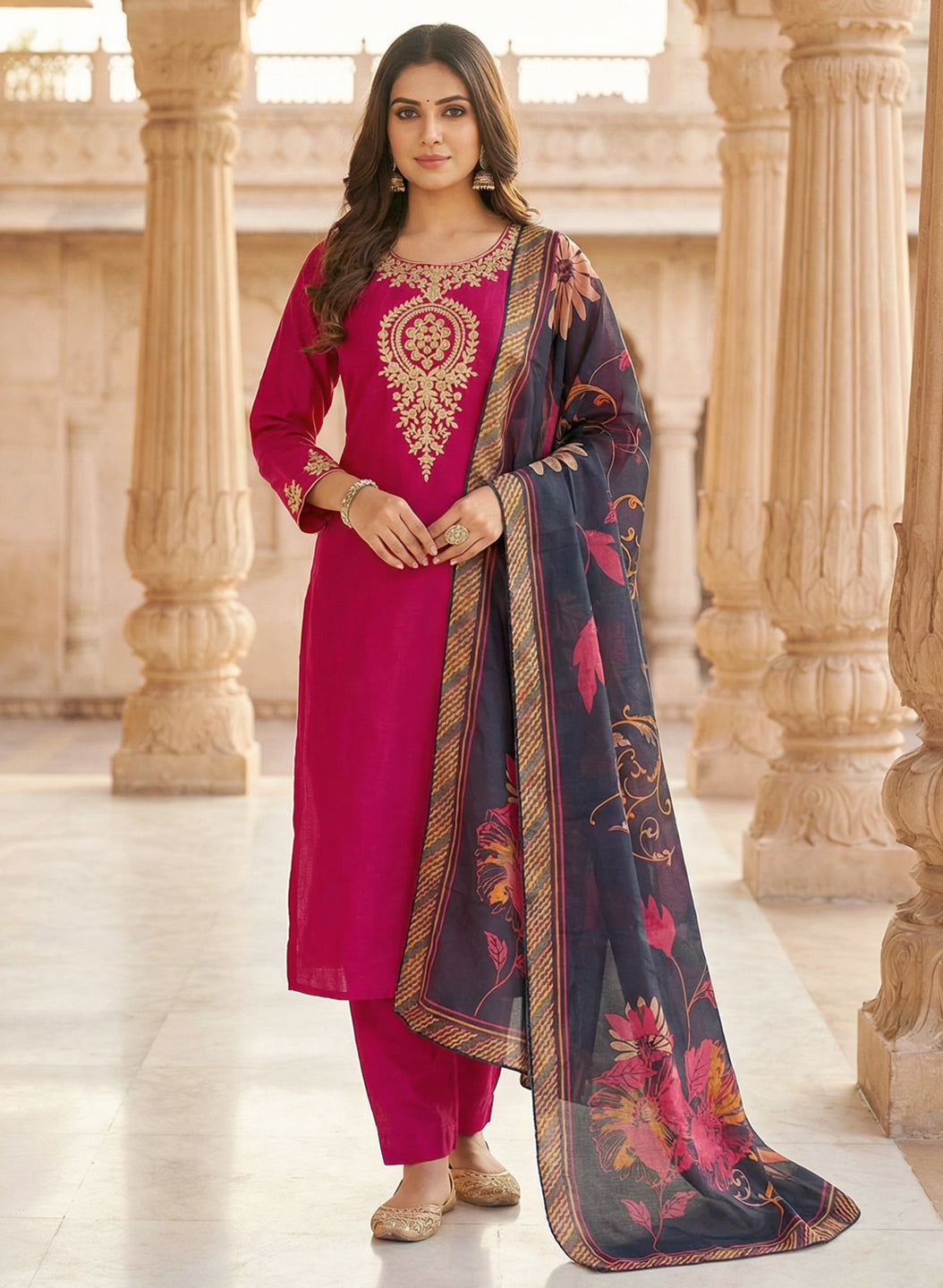 Roman Silk Embroidered Pink Kurta Pant Set with Jacquard Border Dupatta