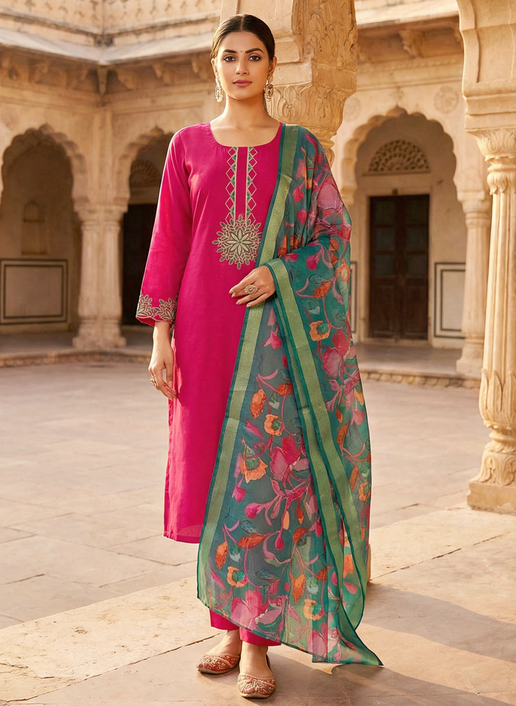 Roman Silk Embroidered Pink Kurta Pant Set with Jacquard Border Dupatta