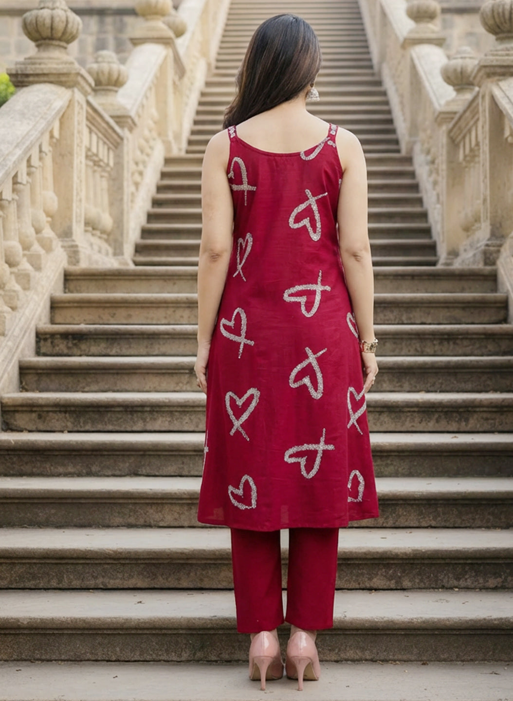 Red Cotton Flex Kurta Pant Set with Embroidery & Mirror Work