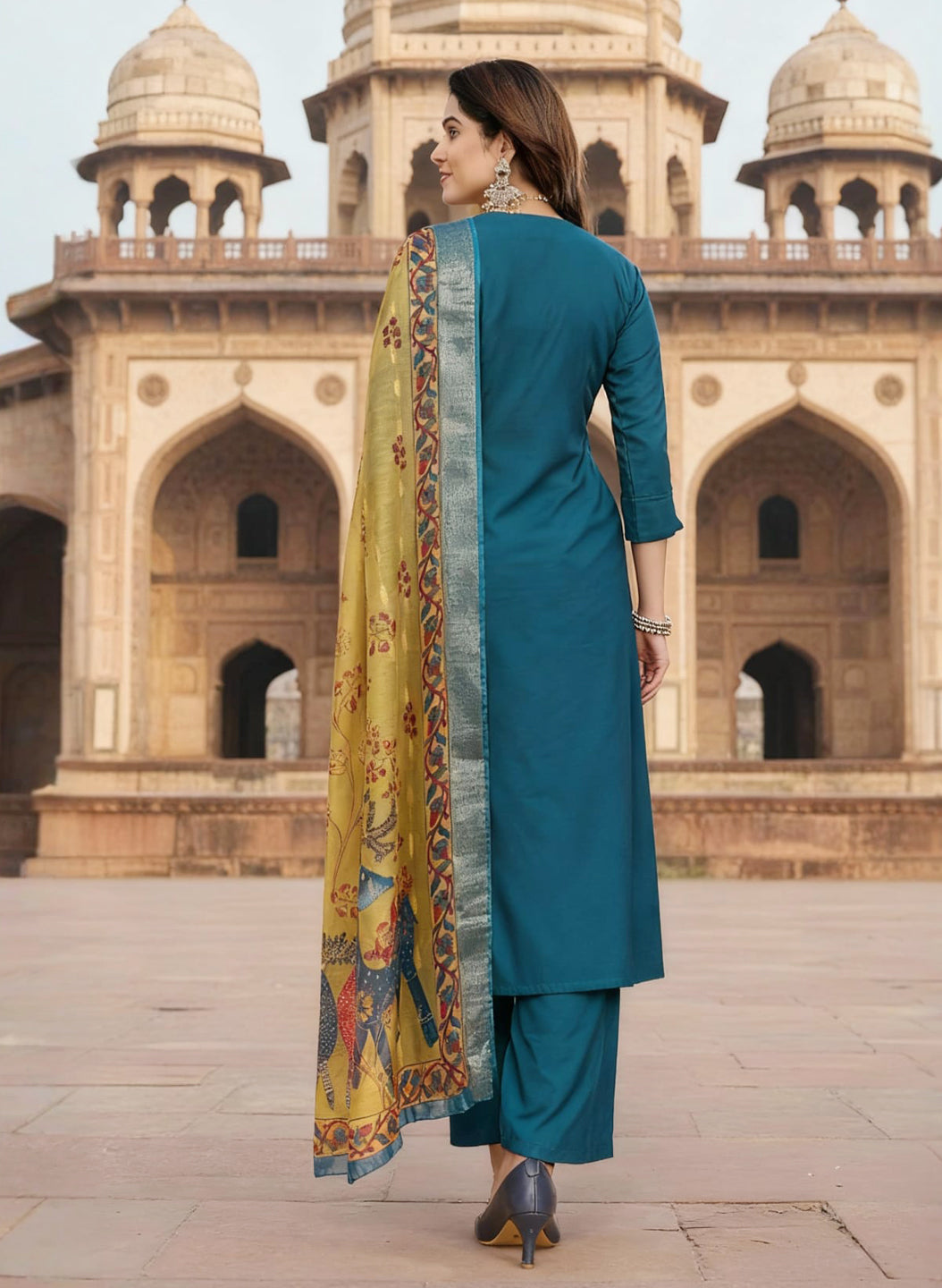 Tercoise Blue Color Vertical Silk Kurta Pant Set with Digital Chanderi Jacquard Dupatta