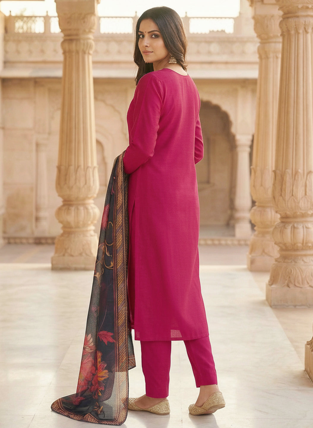 Roman Silk Embroidered Pink Kurta Pant Set with Jacquard Border Dupatta