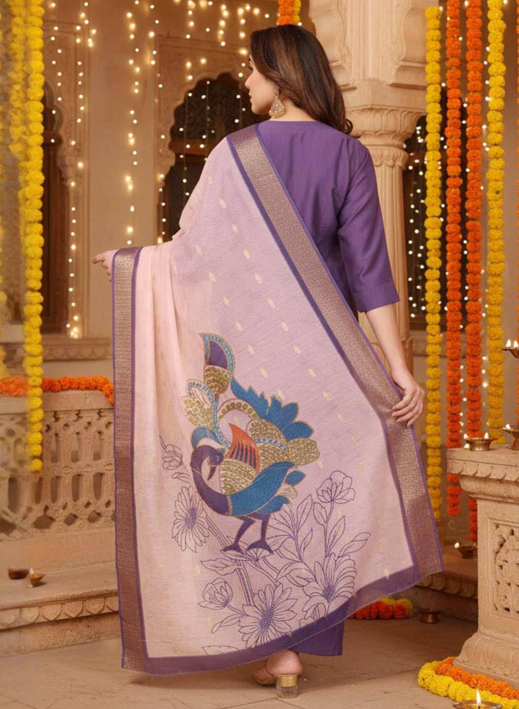 Lavender Color Vertical Silk Kurta Pant Set with Digital Chanderi Jacquard Dupatta