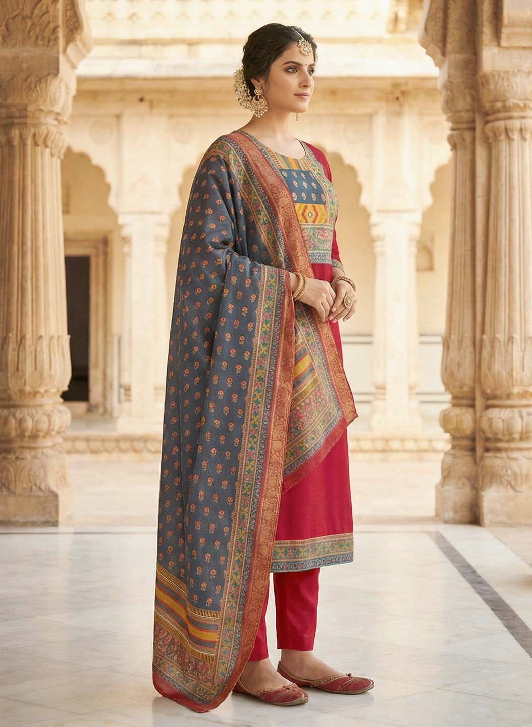 Red Color Gadwal Silk Kurta Pant Set with Handwork Yoke & Digital Jacquard Dupatta