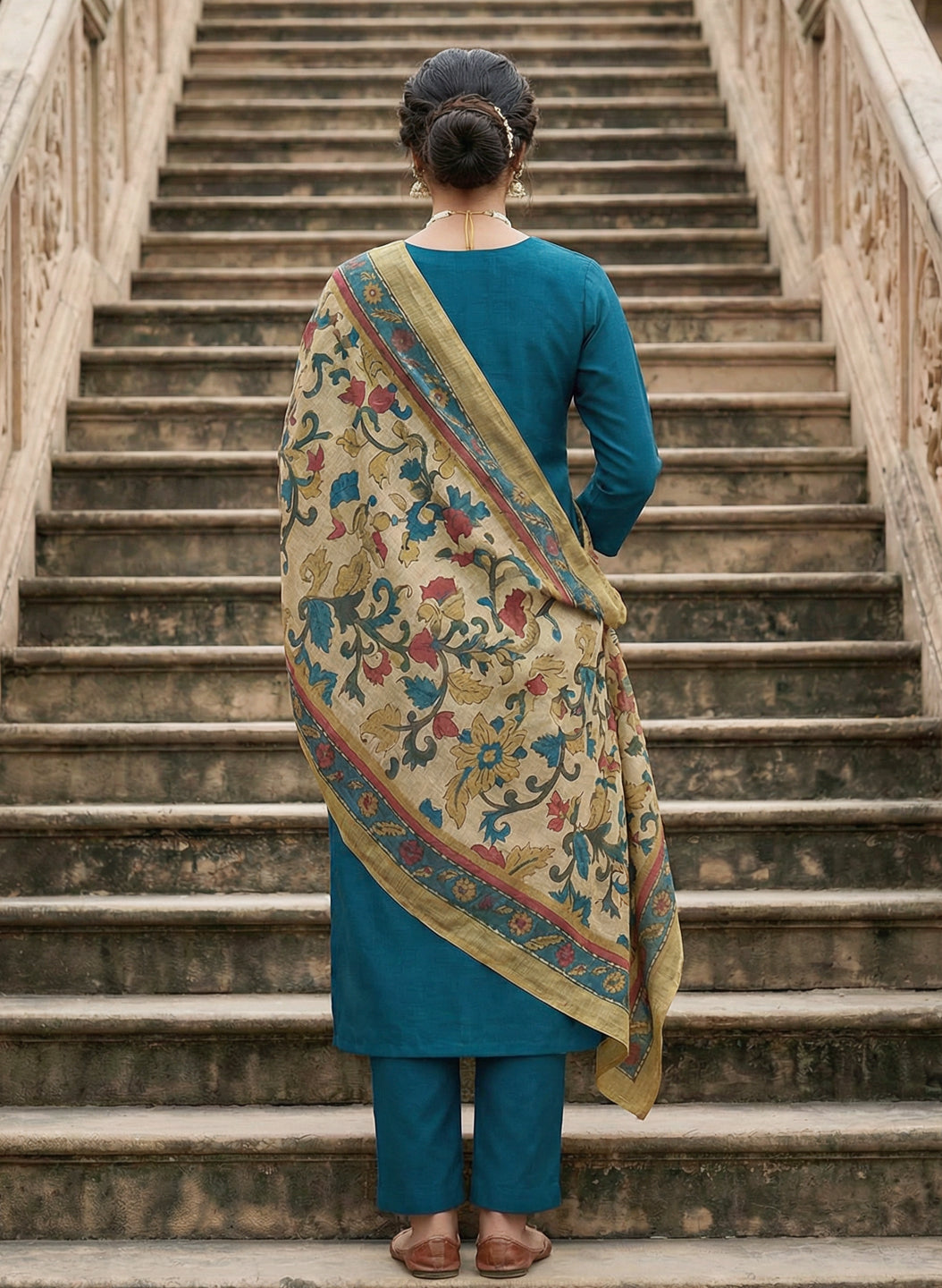 Roman Silk Royal Blue Kurta Pant Set with Digital Print Dupatta