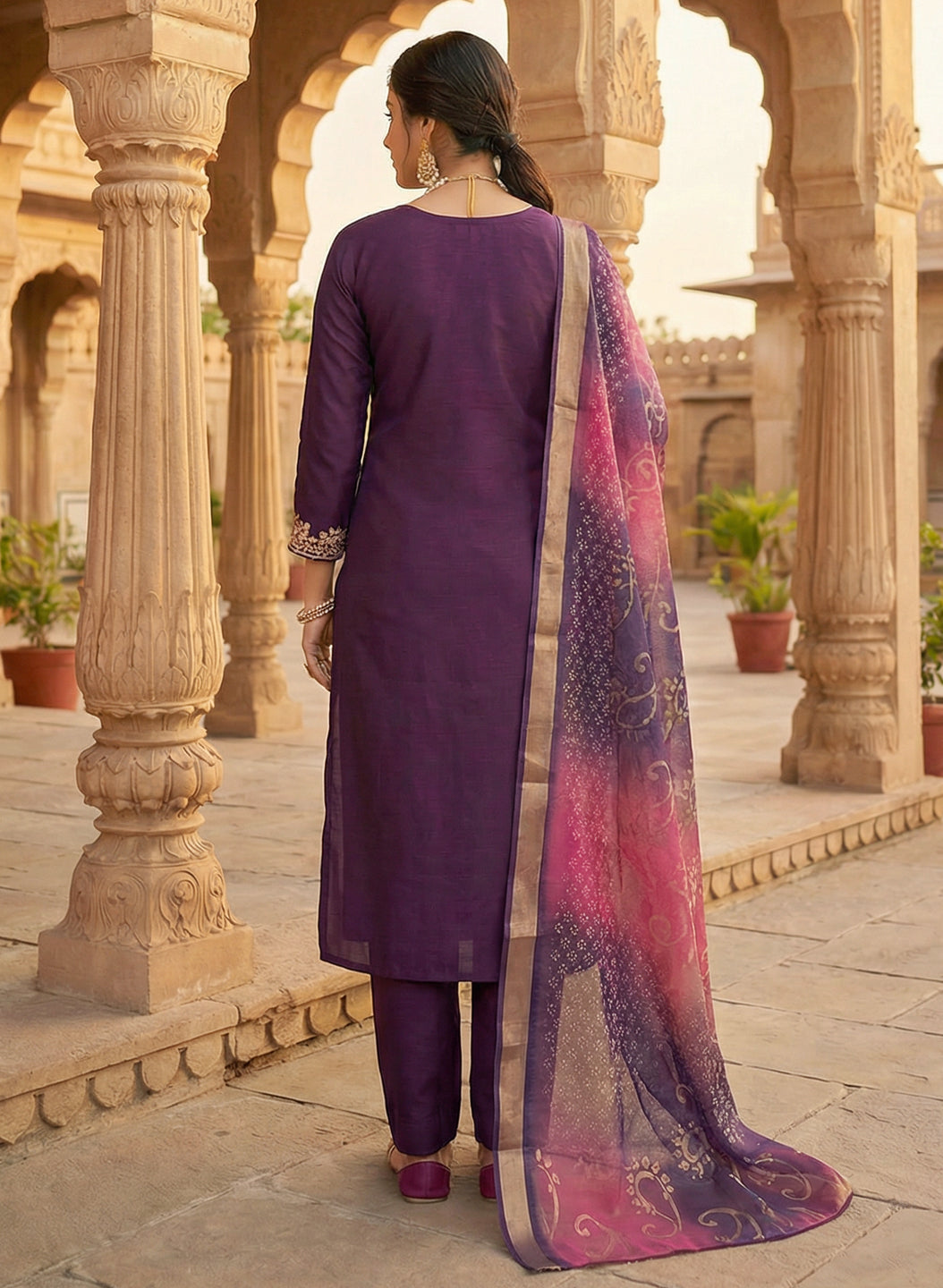 Roman Silk Embroidered Purple Kurta Pant Set with Jacquard Border Dupatta
