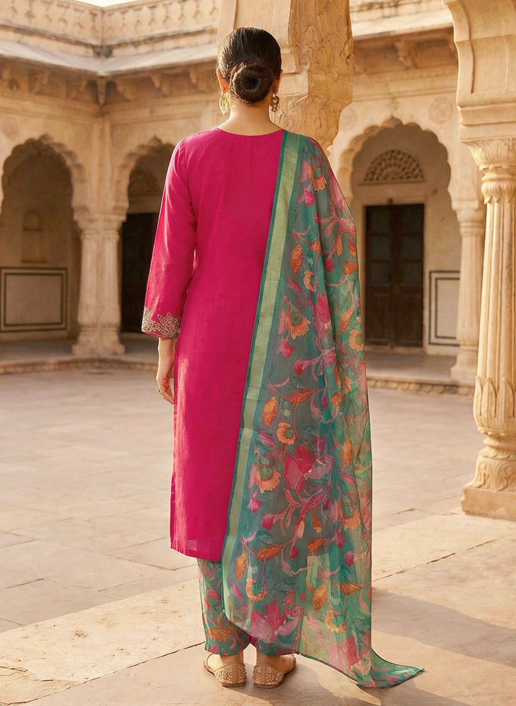Roman Silk Embroidered Pink Kurta Pant Set with Jacquard Border Dupatta