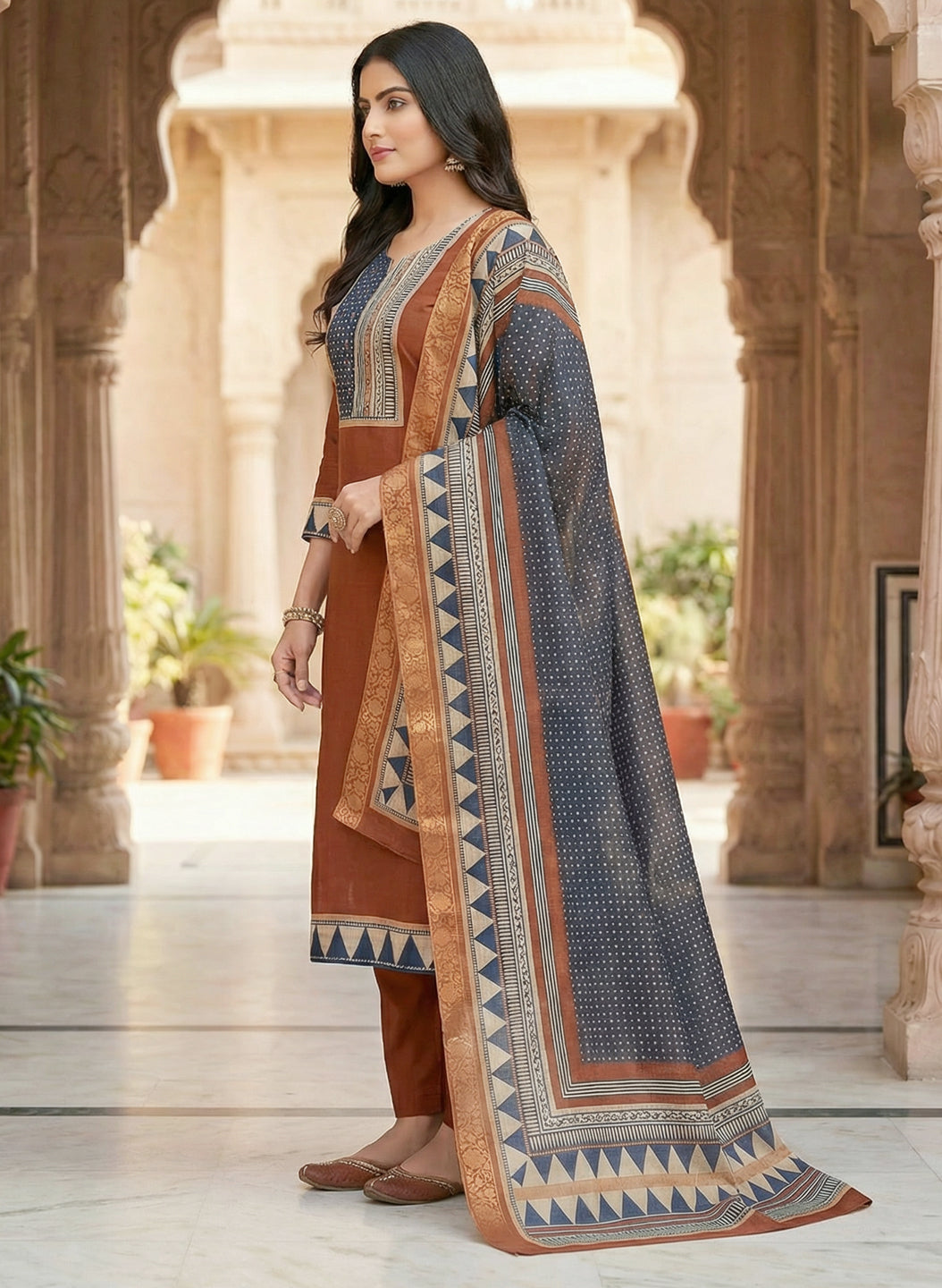 Rust Color Gadwal Silk Kurta Pant Set with Handwork Yoke & Digital Jacquard DupattaColor Gadwal Silk Kurta Pant Set with Handwork Yoke & Digital Jacquard Dupatta