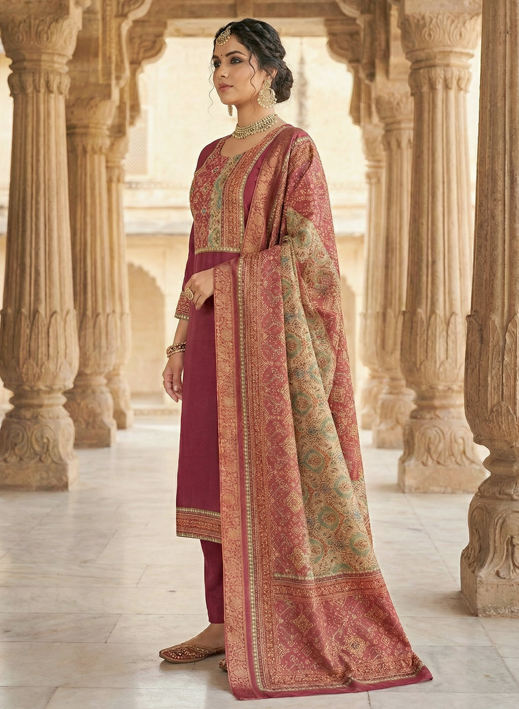 Gajri Color Gadwal Silk Kurta Pant Set with Handwork Yoke & Digital Jacquard Dupatta