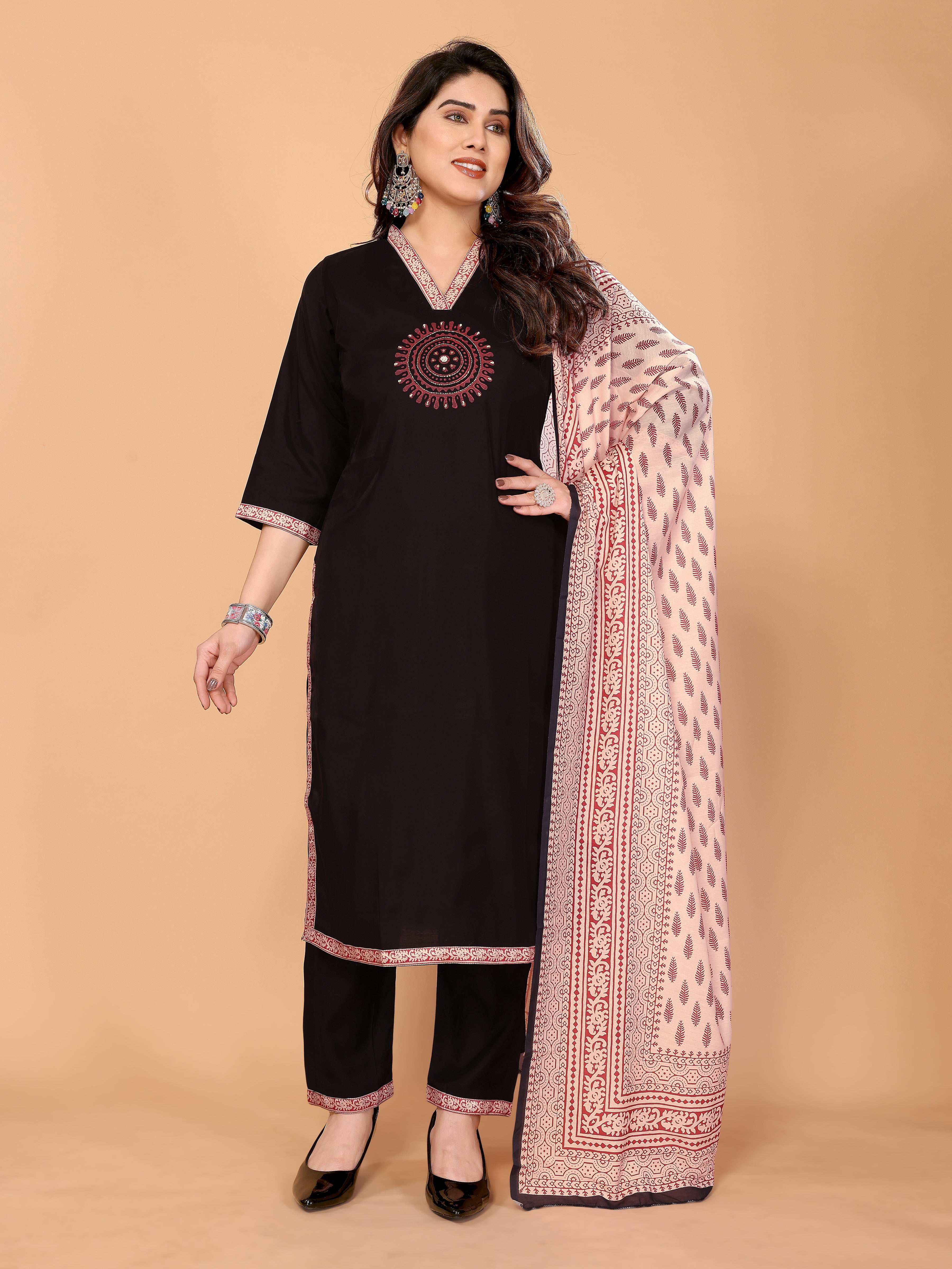 Roman Silk Kurta Pant Set with Ajrakh Muslin Dupatta, Block Print & Handwork