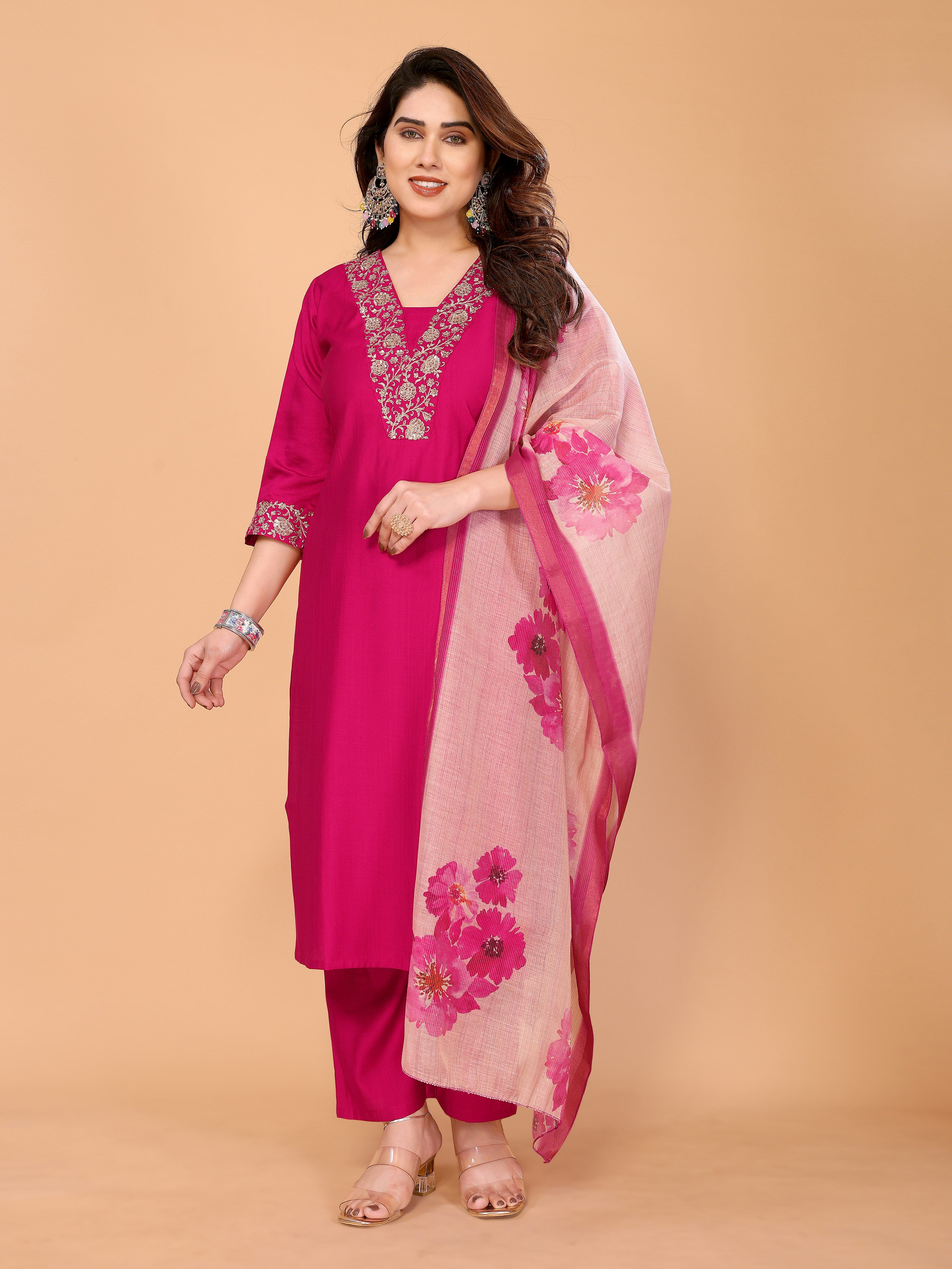 Vertical Silk Kurta Pant Set with Embroidery & Digital Bamboo Silk Dupatta