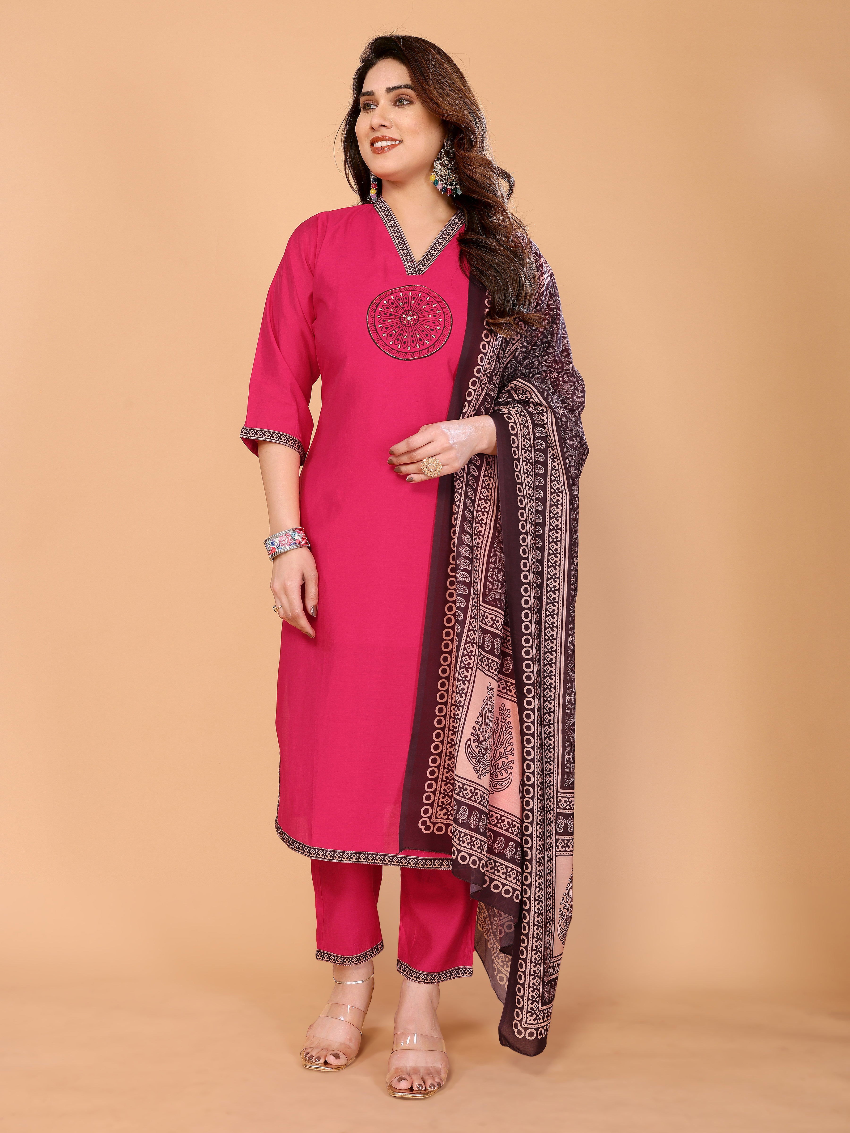 Roman Silk Kurta Pant Set with Ajrakh Muslin Dupatta, Pink Print & Handwork