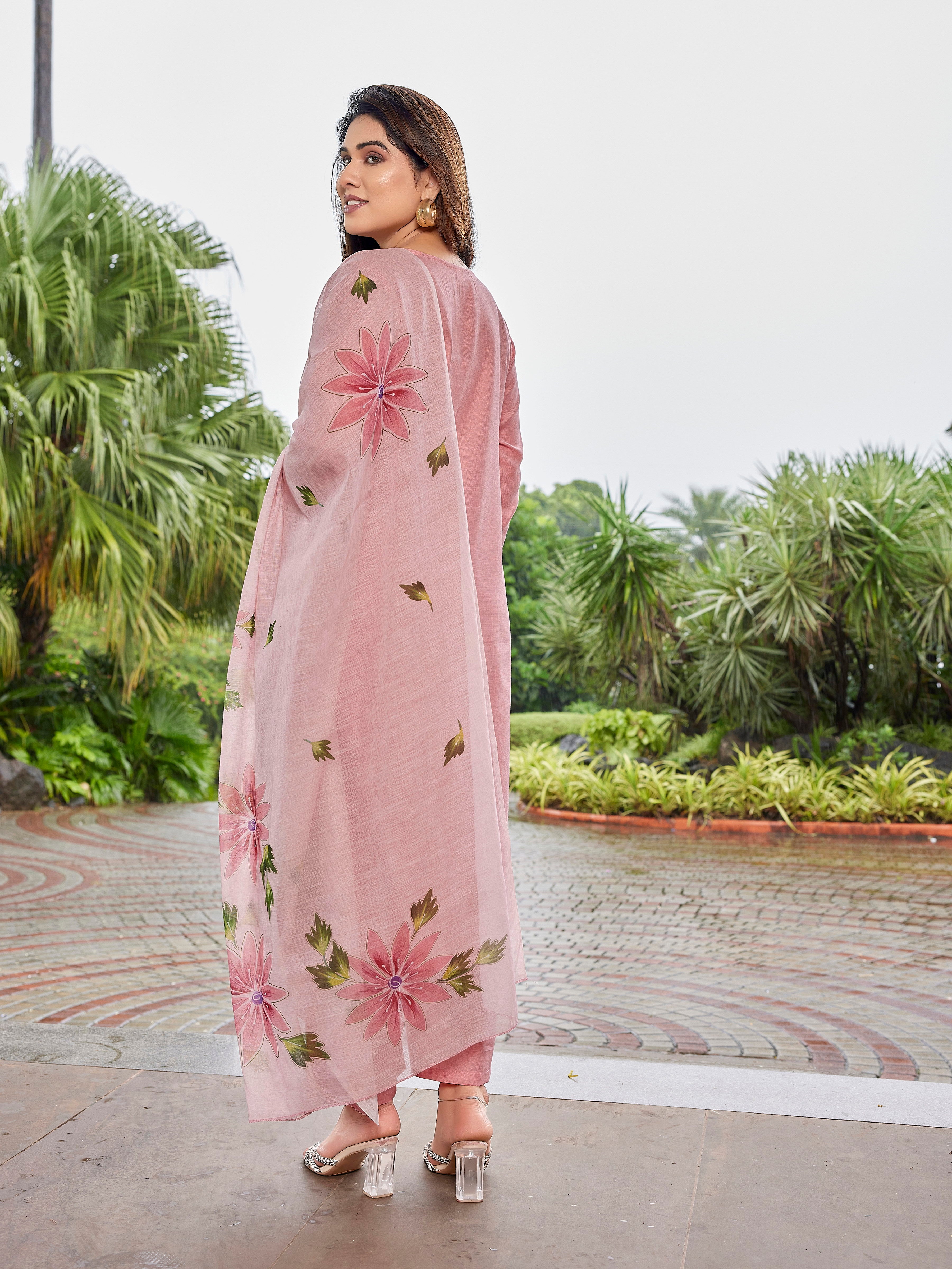 Vertical Silk Embroidered Blush Pink Kurta Pant Set with Brush Print Dupatta