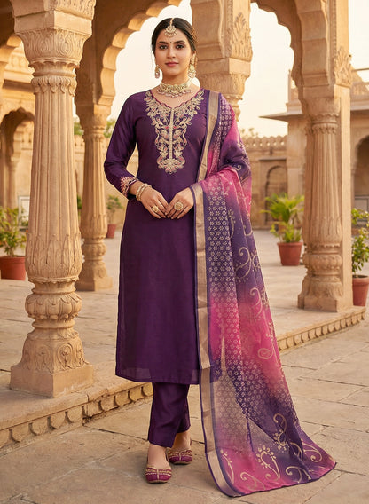 Roman Silk Embroidered Purple Kurta Pant Set with Jacquard Border Dupatta