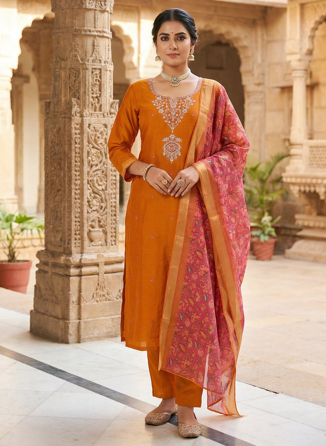 Roman Silk Embroidered Orange Kurta Pant Set with Jacquard Border Dupatta