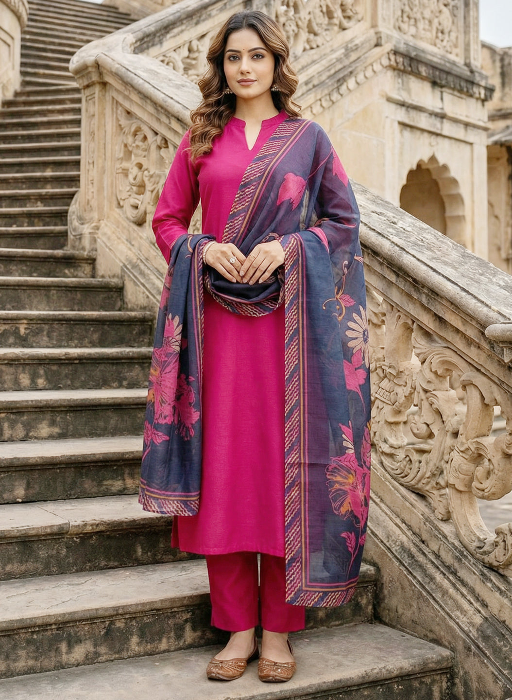 Roman Silk Pink Kurta Pant Set with Digital Print Dupatta