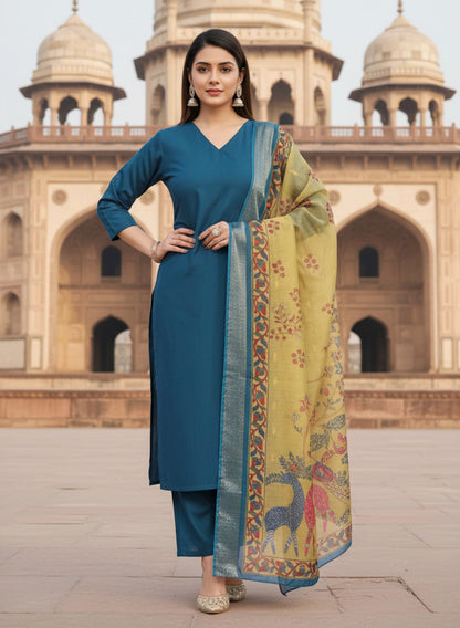 Tercoise Blue Color Vertical Silk Kurta Pant Set with Digital Chanderi Jacquard Dupatta