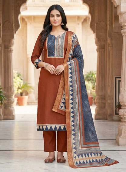 Rust Color Gadwal Silk Kurta Pant Set with Handwork Yoke & Digital Jacquard DupattaColor Gadwal Silk Kurta Pant Set with Handwork Yoke & Digital Jacquard Dupatta