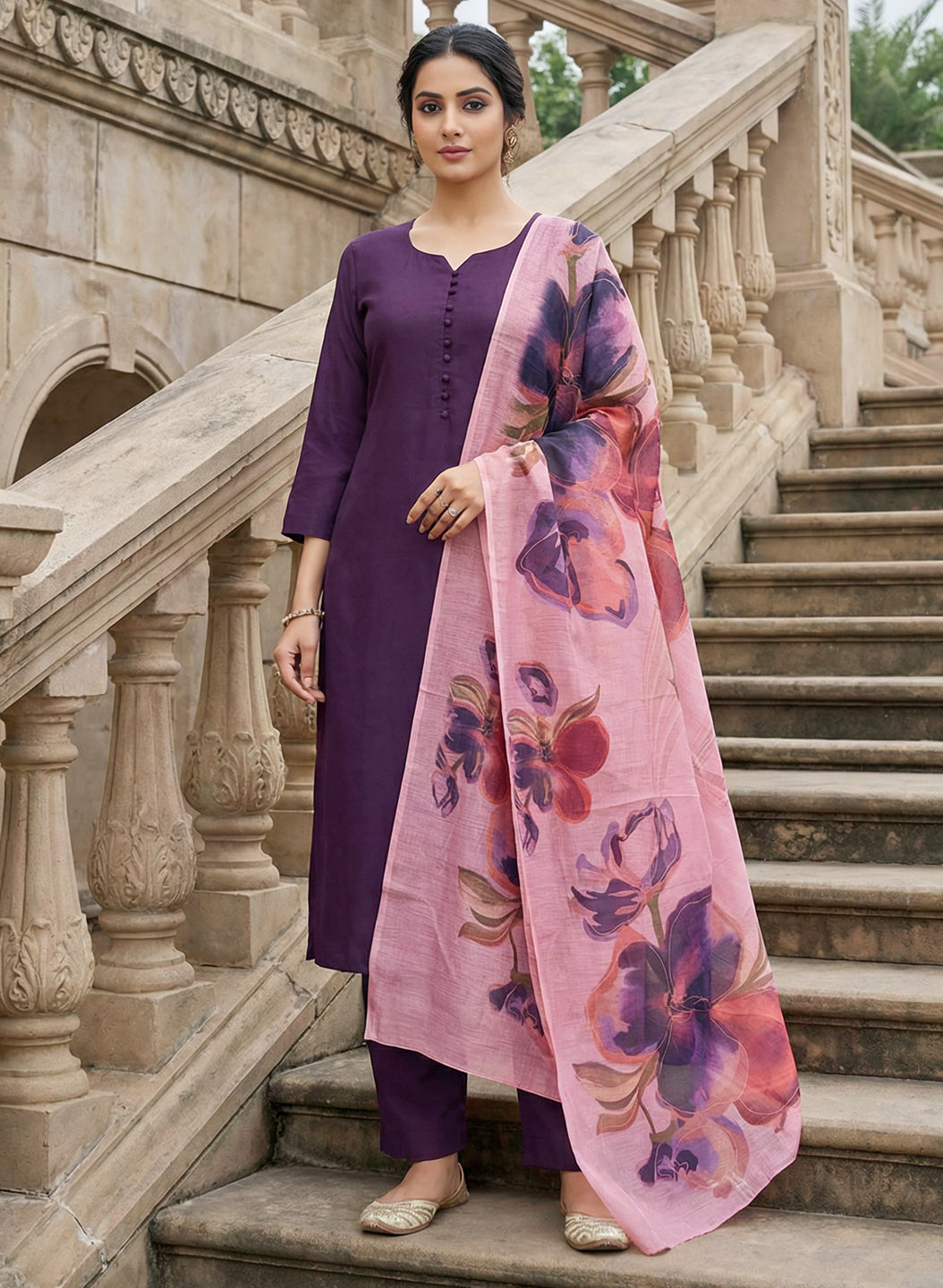 Roman Silk Purple Kurta Pant Set with Digital Print Dupatta