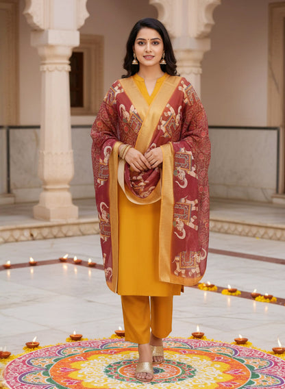 Mustard Color Vertical Silk Kurta Pant Set with Digital Chanderi Jacquard Dupatta