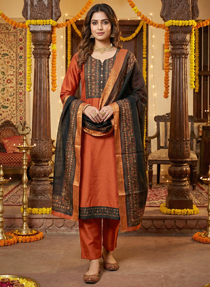 Orange Color Gadwal Silk Kurta Pant Set with Handwork Yoke & Digital Jacquard Dupatta