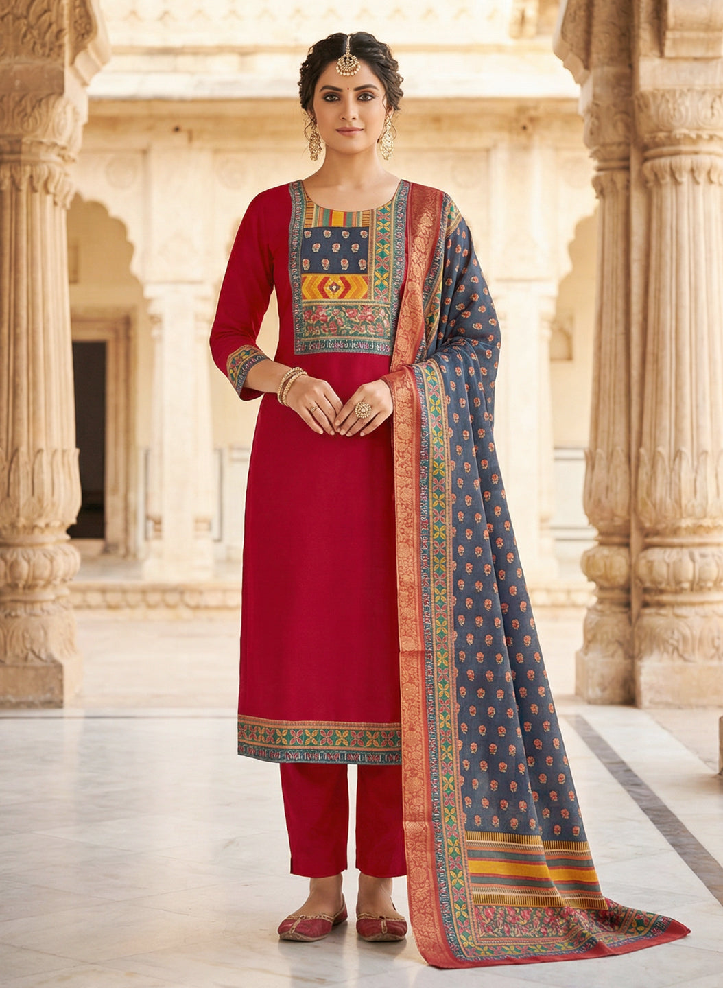 Red Color Gadwal Silk Kurta Pant Set with Handwork Yoke & Digital Jacquard Dupatta