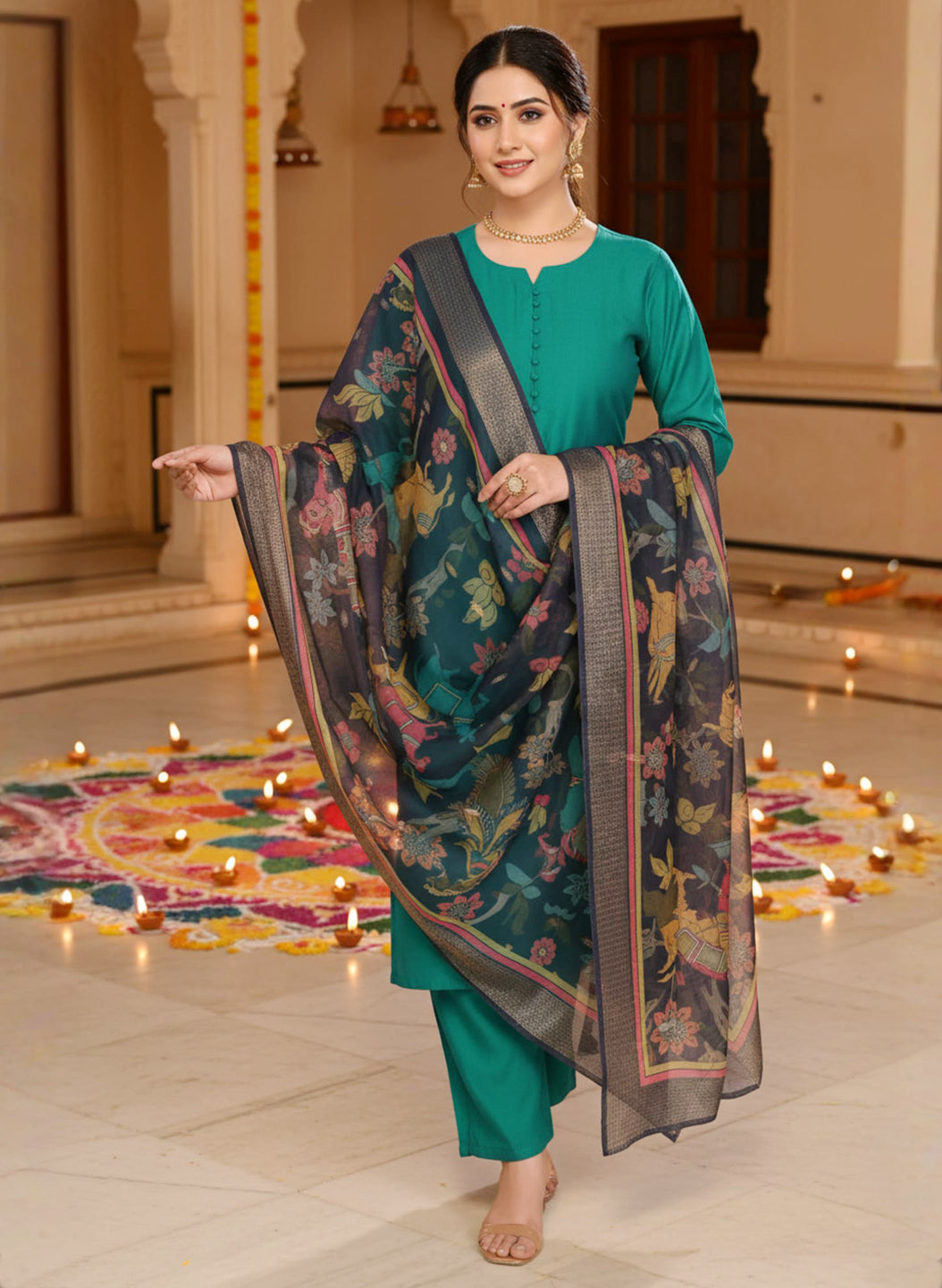 Rama Color Vertical Silk Kurta Pant Set with Digital Chanderi Jacquard Dupatta