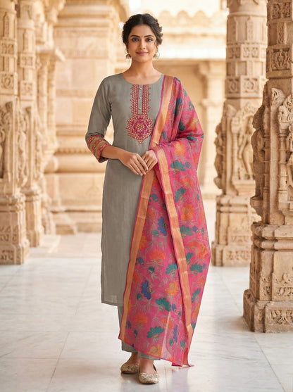 Roman Silk Embroidered Gray Kurta Pant Set with Jacquard Border Dupatta