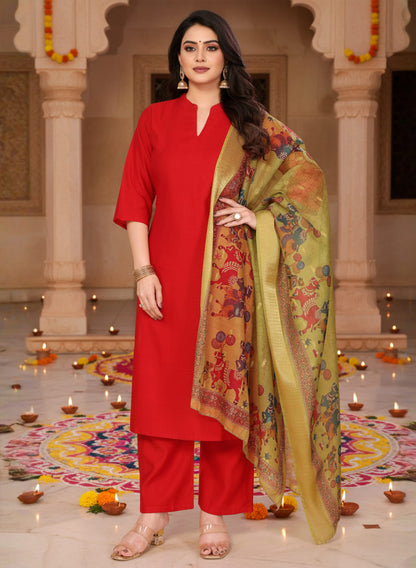 Red Color Vertical Silk Kurta Pant Set with Digital Chanderi Jacquard Dupatta