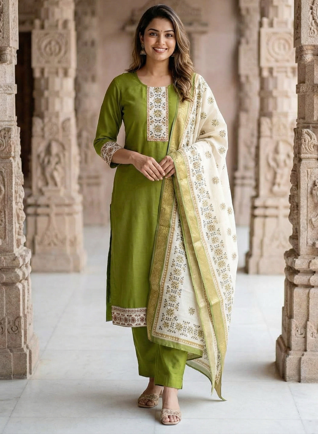 Mehndi Color Gadwal Silk Kurta Pant Set with Handwork Yoke & Digital Jacquard Dupatta