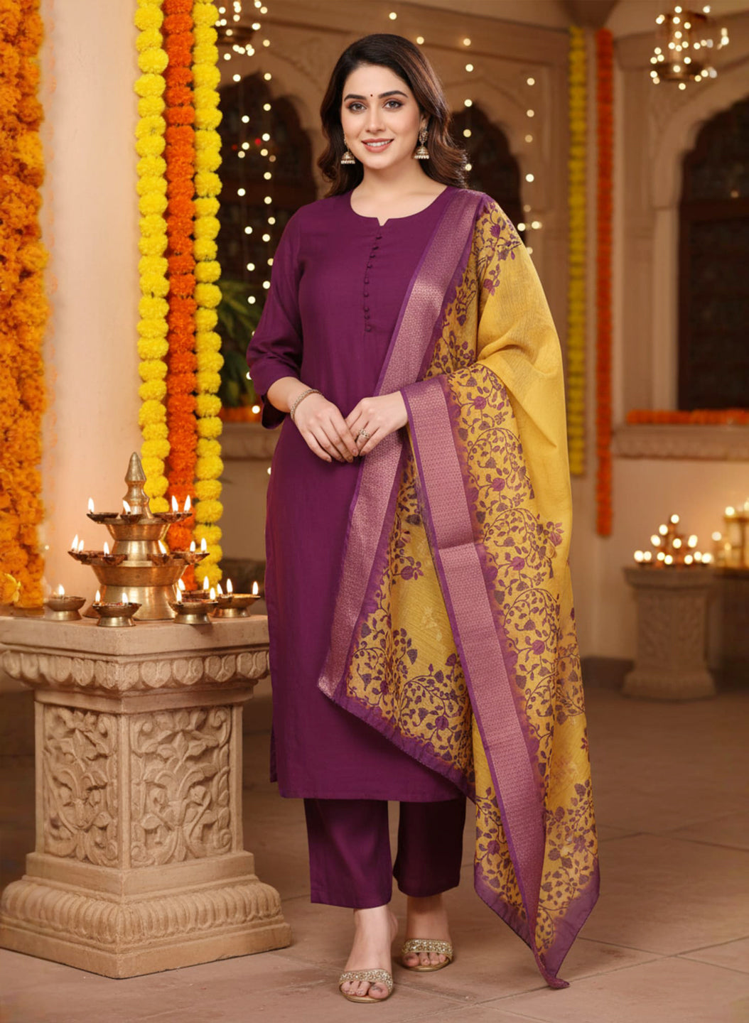 Wine Color Vertical Silk Kurta Pant Set with Digital Chanderi Jacquard Dupatta.