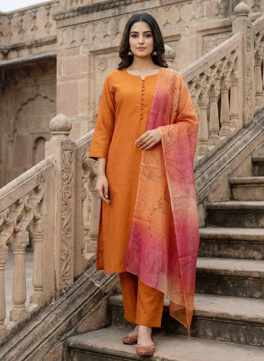 Roman Silk Orange Kurta Pant Set with Digital Print Dupatta