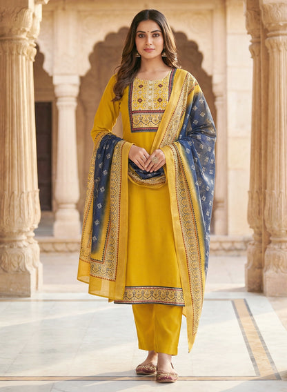 Yellow Color Gadwal Silk Kurta Pant Set with Handwork Yoke & Digital Jacquard Dupatta