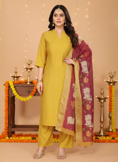 Yellow Color Vertical Silk Kurta Pant Set with Digital Chanderi Jacquard Dupatta