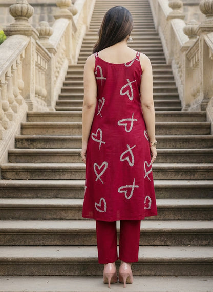 Red Cotton Flex Kurta Pant Set with Embroidery & Mirror Work