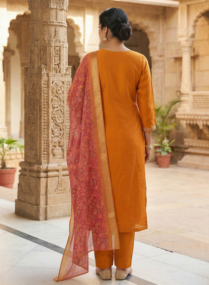 Roman Silk Embroidered Orange Kurta Pant Set with Jacquard Border Dupatta