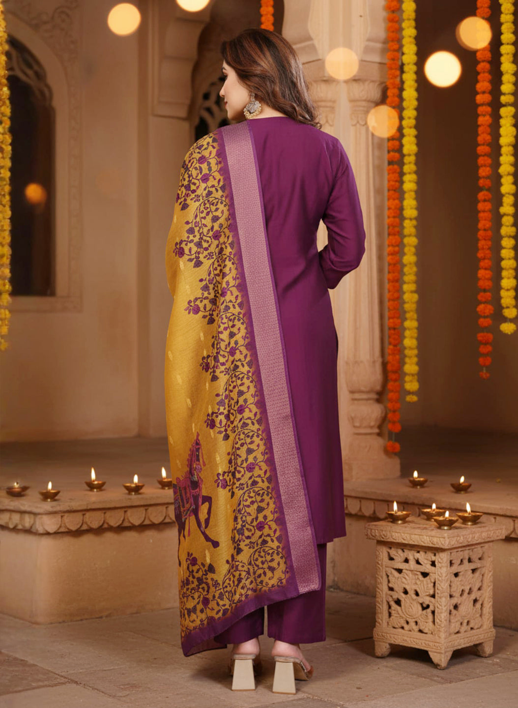 Wine Color Vertical Silk Kurta Pant Set with Digital Chanderi Jacquard Dupatta.