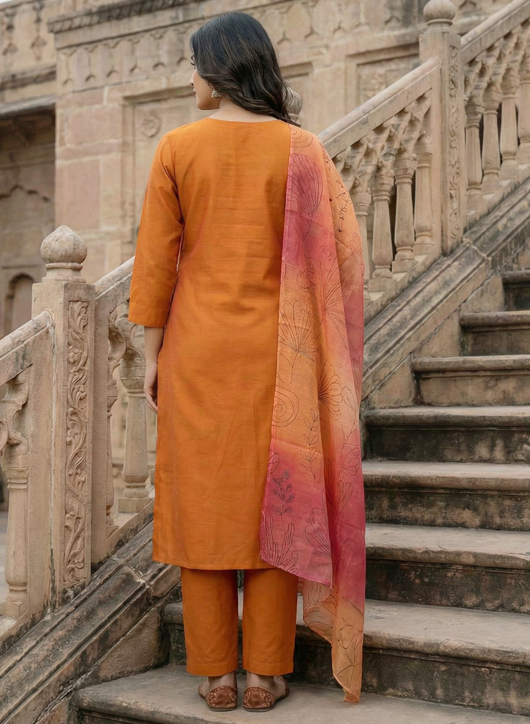 Roman Silk Orange Kurta Pant Set with Digital Print Dupatta