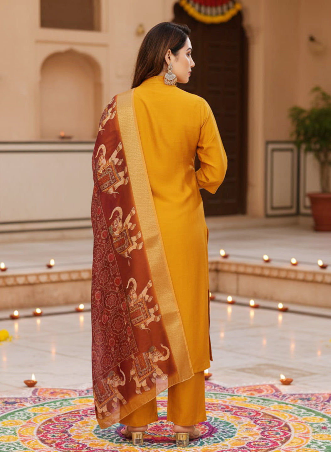 Mustard Color Vertical Silk Kurta Pant Set with Digital Chanderi Jacquard Dupatta