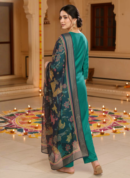 Rama Color Vertical Silk Kurta Pant Set with Digital Chanderi Jacquard Dupatta