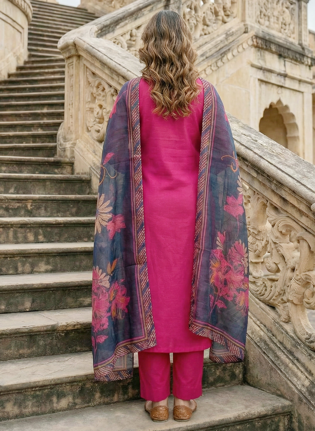 Roman Silk Pink Kurta Pant Set with Digital Print Dupatta