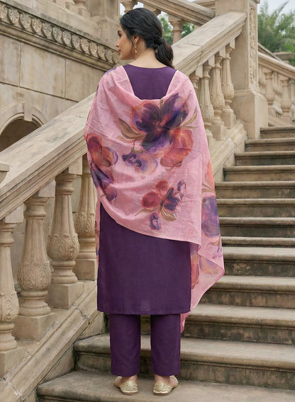 Roman Silk Purple Kurta Pant Set with Digital Print Dupatta